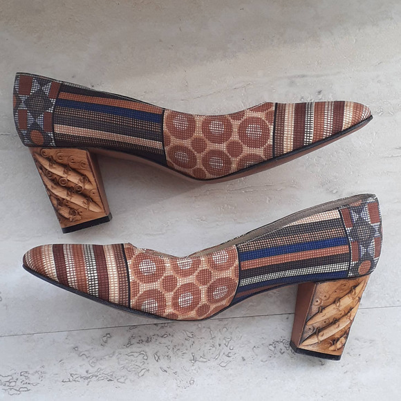 Ladies Vintage Palizzio Wooden Heeled Cloth & Leather Multi Colored Shoe 7AA - Picture 5 of 9